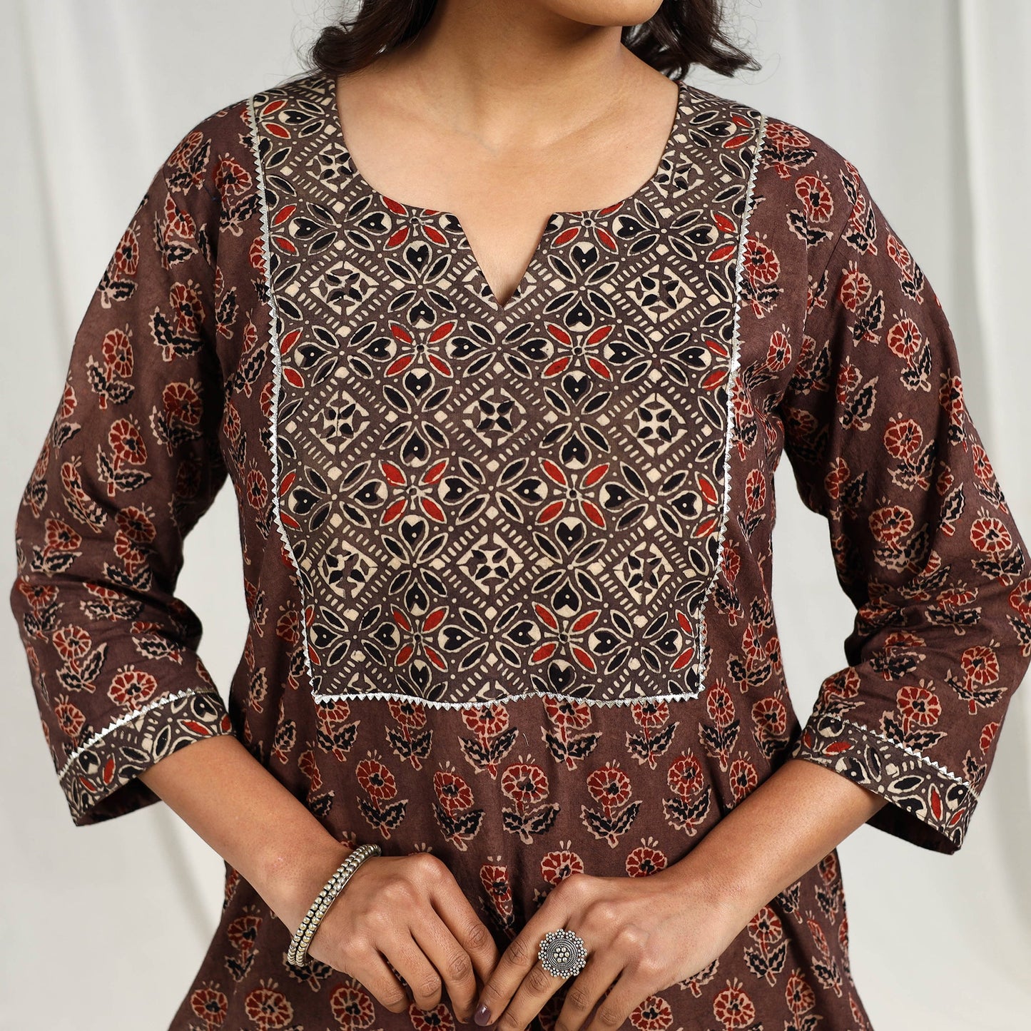 Brown Block Printed Cotton Straight Ajrakh Kurta for Women
