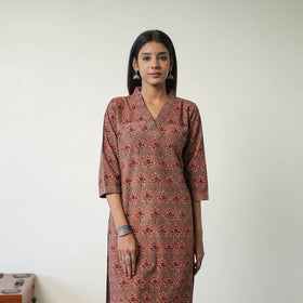 Brown Block Printed Cotton Straight Ajrakh Kurta for Women