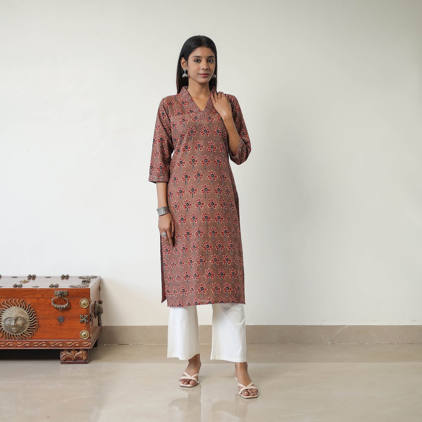 Brown Block Printed Cotton Straight Ajrakh Kurta for Women
