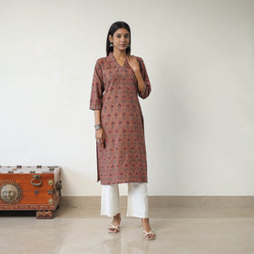 Brown Block Printed Cotton Straight Ajrakh Kurta for Women