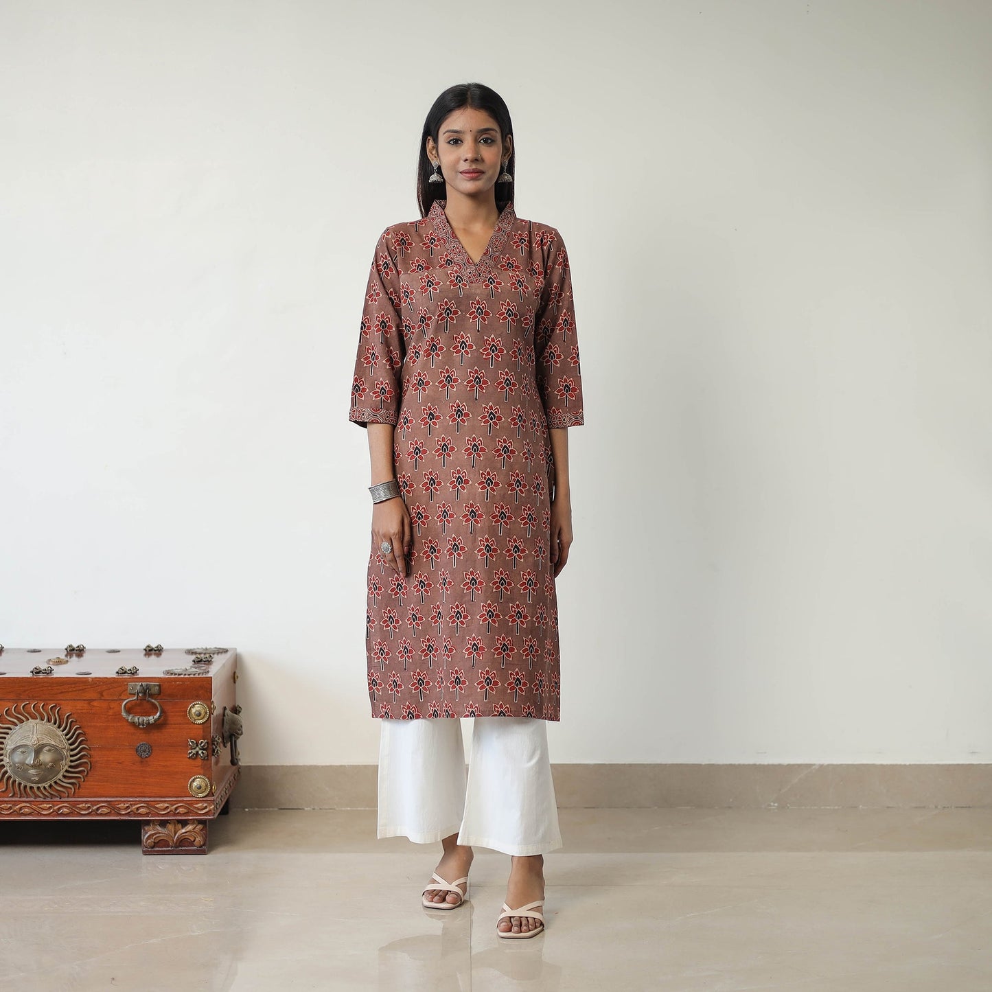 Brown Block Printed Cotton Straight Ajrakh Kurta for Women