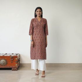 Brown Block Printed Cotton Straight Ajrakh Kurta for Women