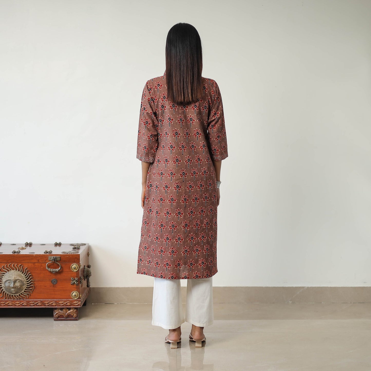 Brown Block Printed Cotton Straight Ajrakh Kurta for Women