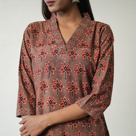 Brown Block Printed Cotton Straight Ajrakh Kurta for Women
