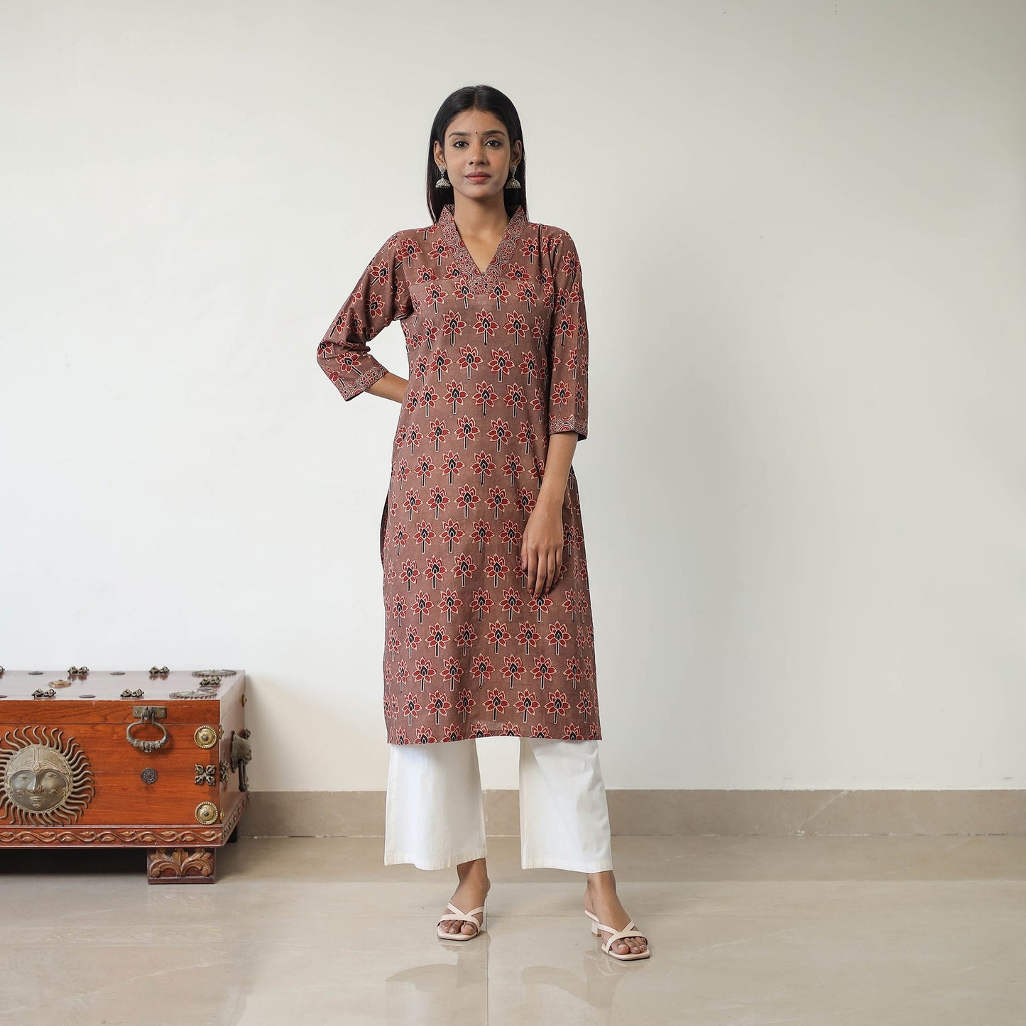 Brown Block Printed Cotton Straight Ajrakh Kurta for Women
