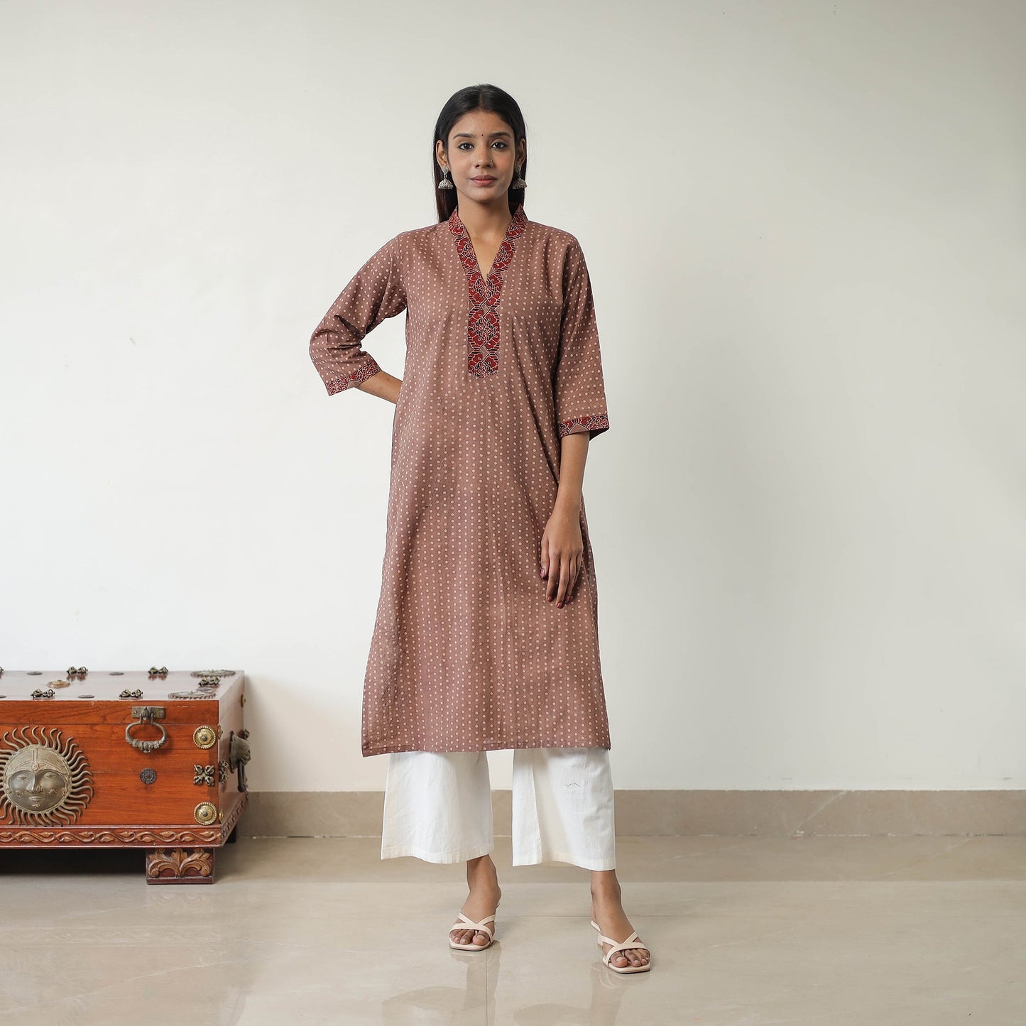Brown - printed cotton straight kurta 21 - handcrafted