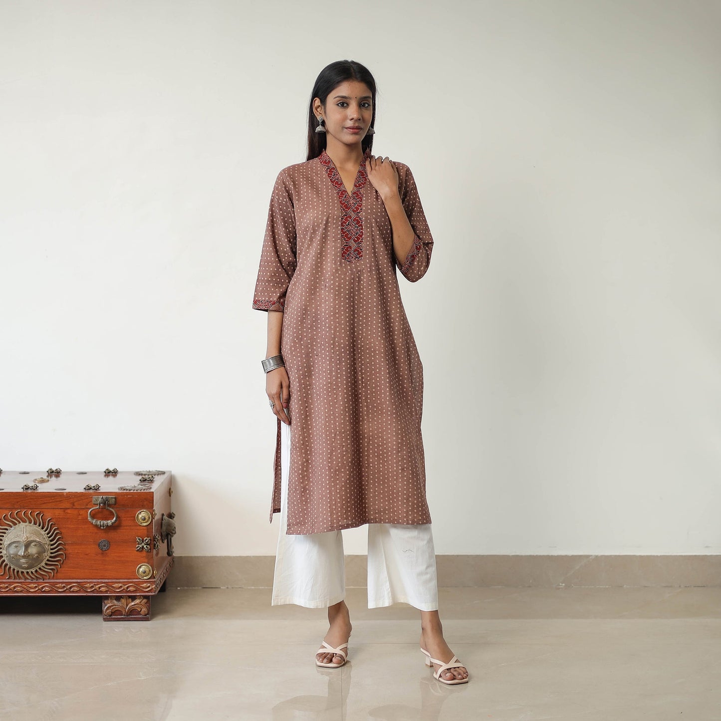 Brown - printed cotton straight kurta 21 - handcrafted
