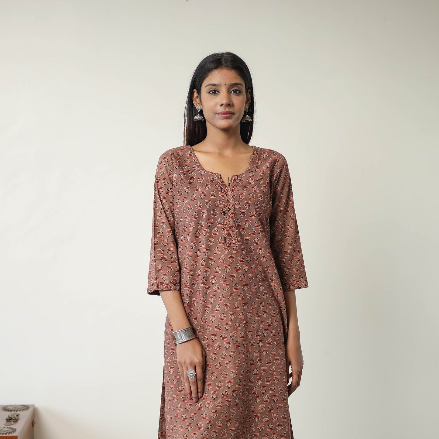 Brown Block Printed Cotton Straight Ajrakh Kurta for Women