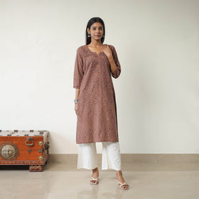 Brown Block Printed Cotton Straight Ajrakh Kurta for Women