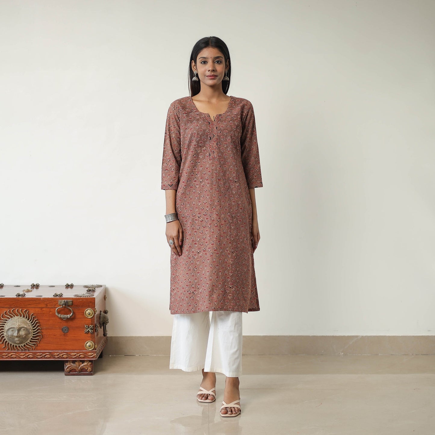 Brown Block Printed Cotton Straight Ajrakh Kurta for Women
