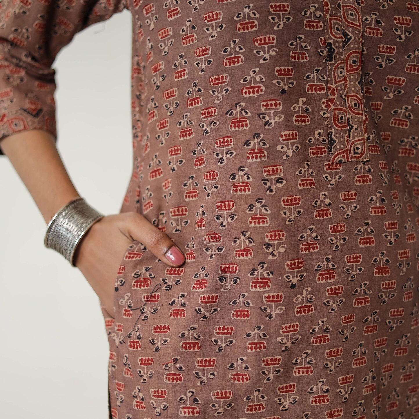 Brown Block Printed Cotton Straight Ajrakh Kurta for Women