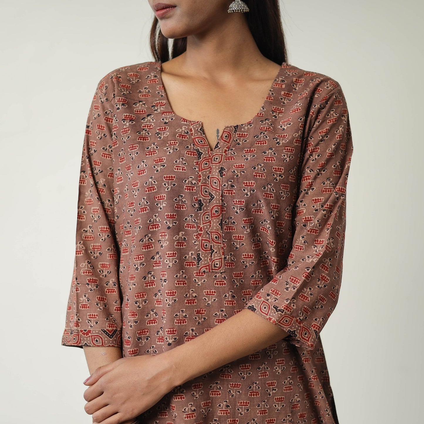 Brown Block Printed Cotton Straight Ajrakh Kurta for Women