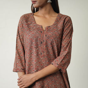 Brown Block Printed Cotton Straight Ajrakh Kurta for Women
