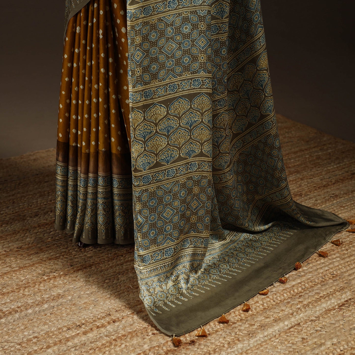 Brown - printed modal silk bandhani saree 01 - handcrafted