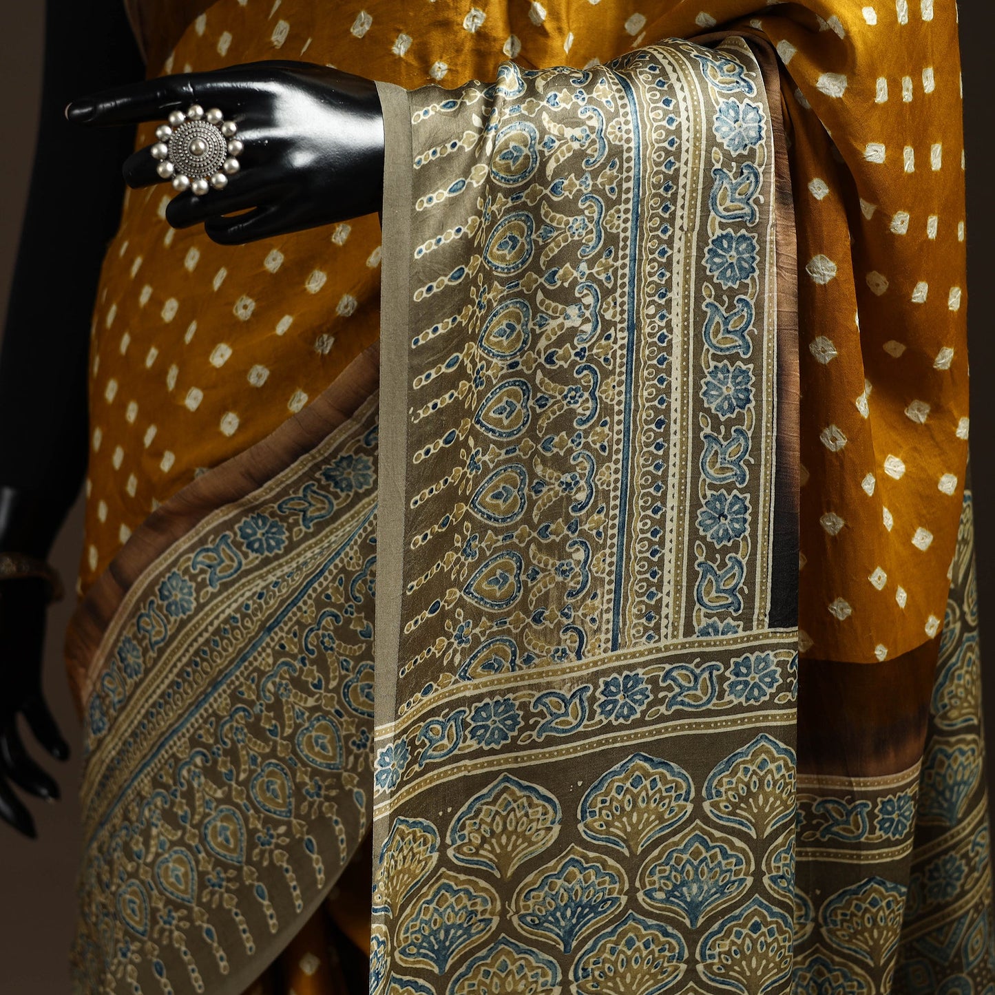 Brown - printed modal silk bandhani saree 01 - handcrafted