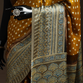 Brown - printed modal silk bandhani saree 01 - handcrafted