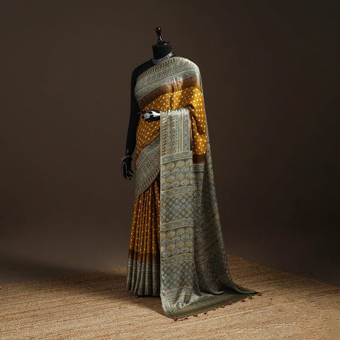 Brown - printed modal silk bandhani saree 01 - handcrafted