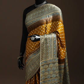 Brown - printed modal silk bandhani saree 01 - handcrafted