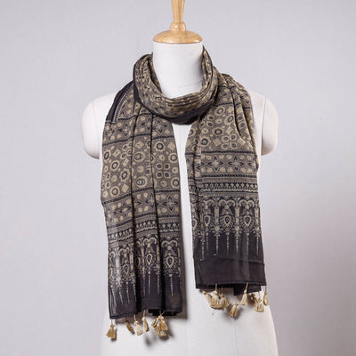   Ajrakh Block Printing Mul Cotton Stole With Tassels 