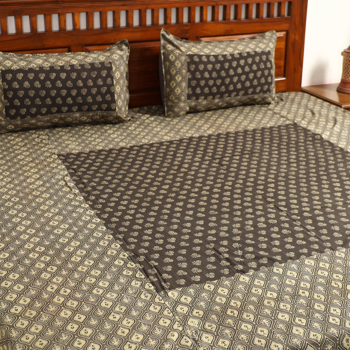 Buy Ajrakh Block Printed Patchwork Cotton Double Bed Cover with Pillow Covers Online at iTokri.com