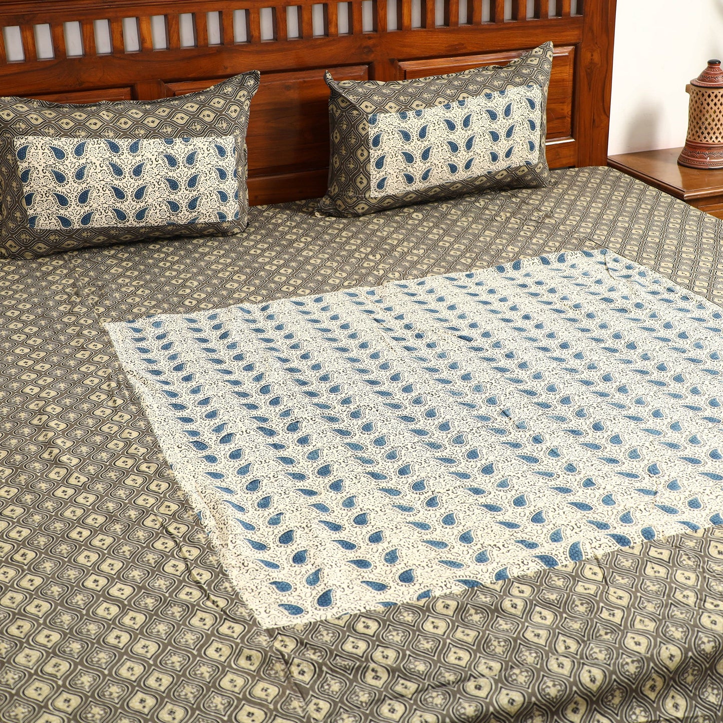 Brown - printed patchwork cotton double bed cover