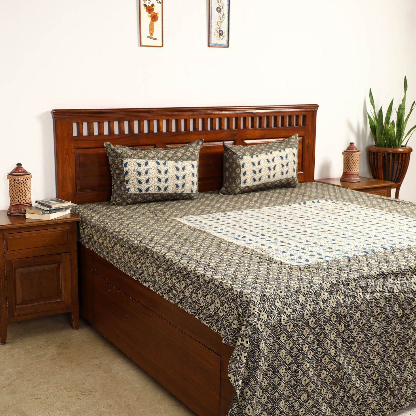 Brown - printed patchwork cotton double bed cover