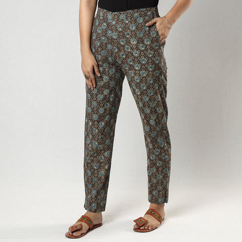  Brown Ajrakh Block Printing Cotton Tapered Casual Pant for Women 