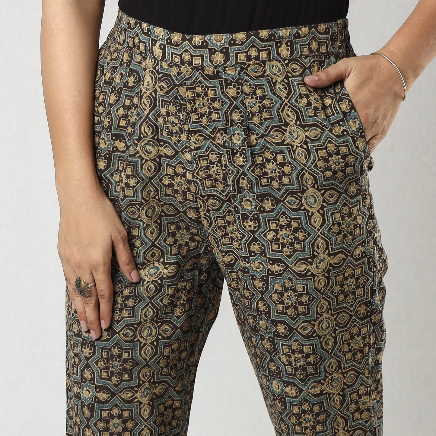 Buy Brown Ajrakh Block Printing Cotton Tapered Casual Pant for Women Online at iTokri.com