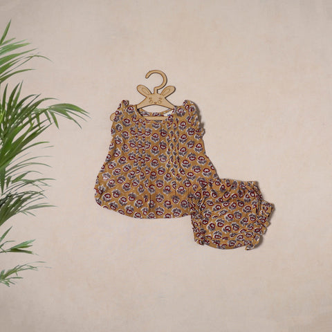 Brown - pure cotton baby girls floral top & shorts (6-12