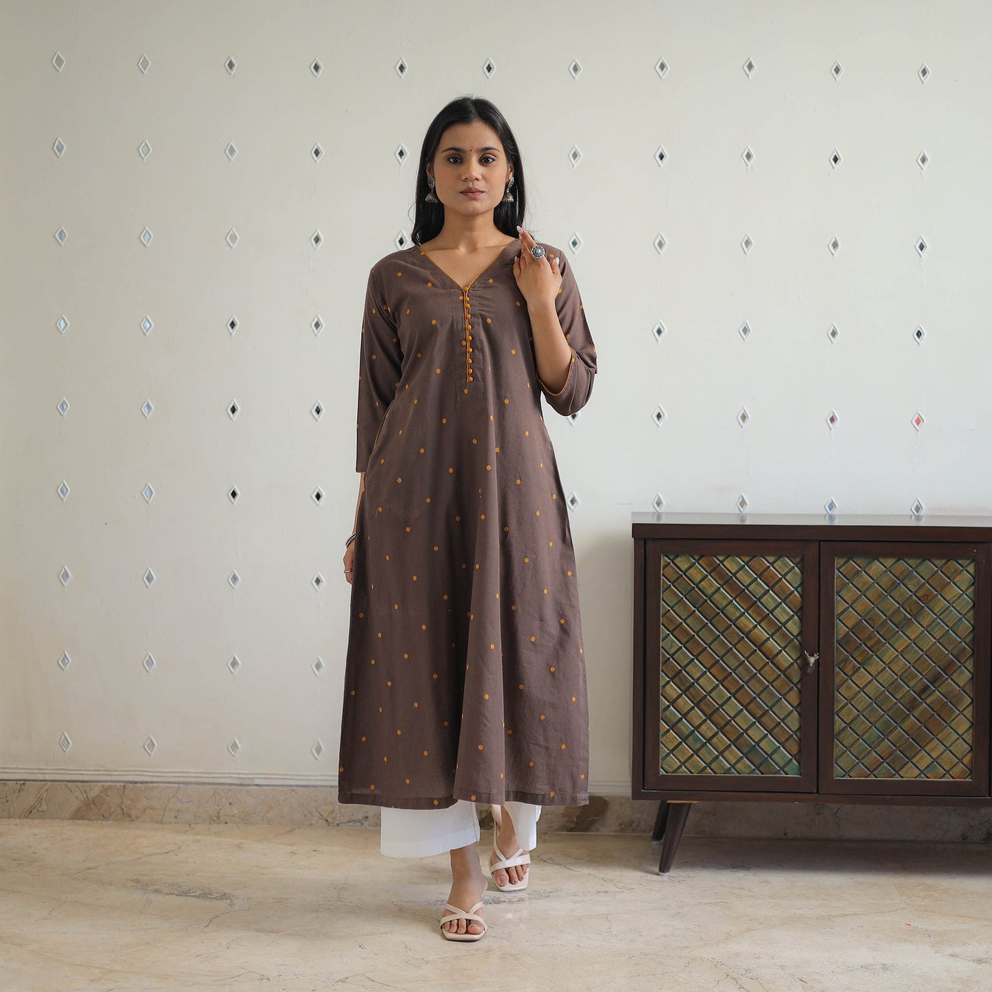 Buy Brown Pure Cotton A-Line Jacquard Kurta for Women