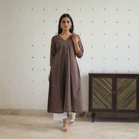 Buy Brown Pure Cotton A-Line Jacquard Kurta for Women