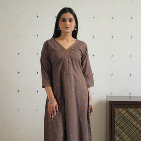 Buy Brown Pure Cotton A-Line Jacquard Kurta for Women