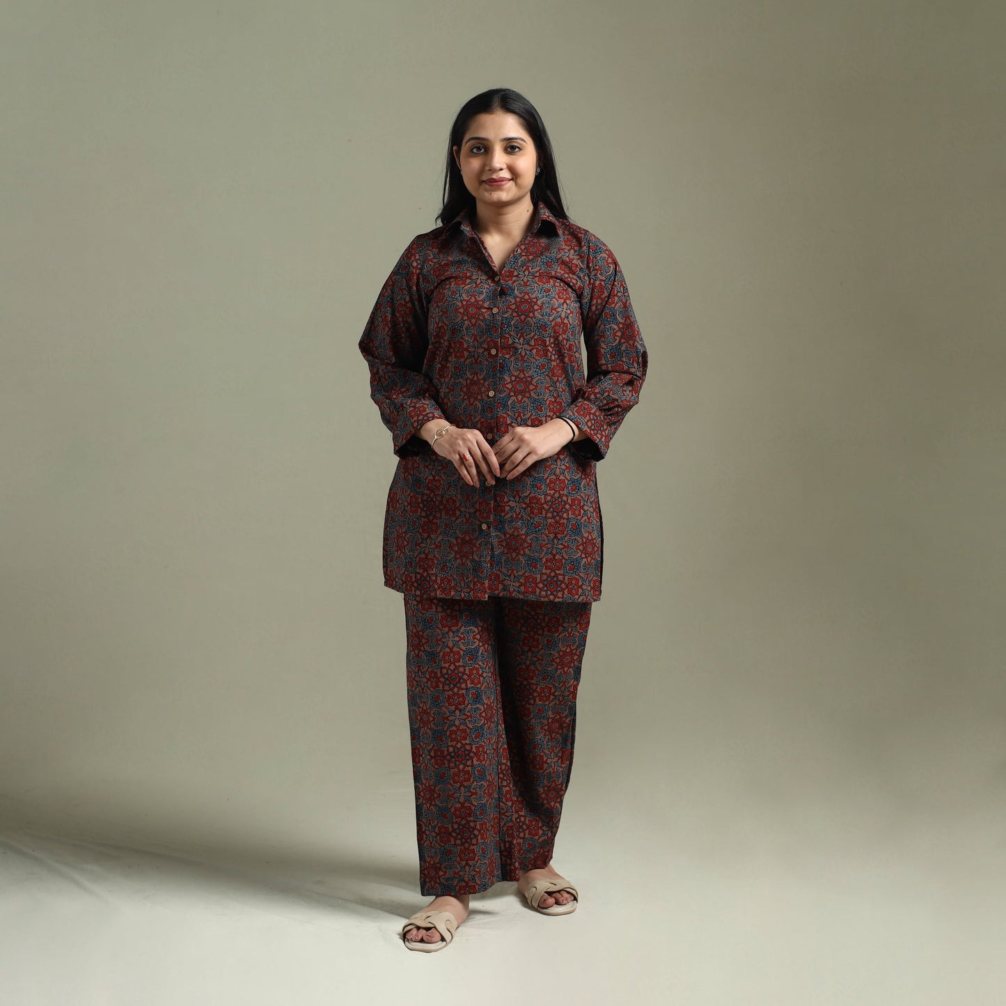 Pure cotton natural dyed ajrakh hand block print night suit