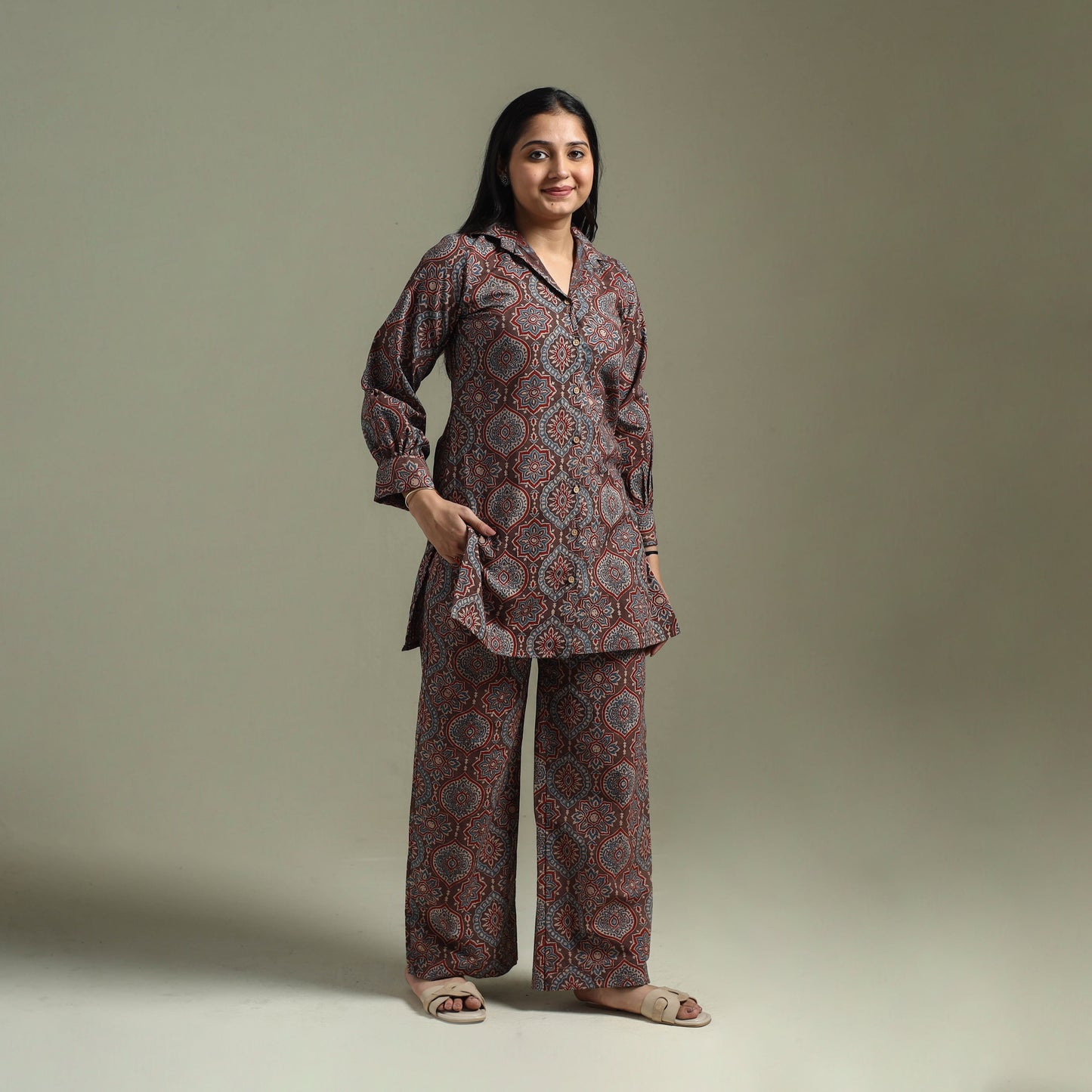 Pure cotton natural dyed ajrakh hand block print night suit
