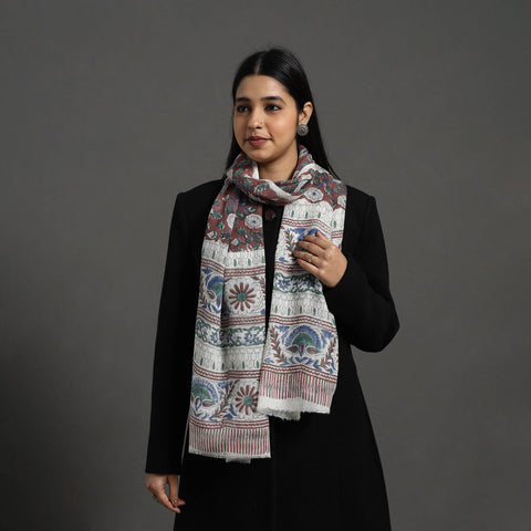 Brown Pure Wool Block Print Sanganeri Stole