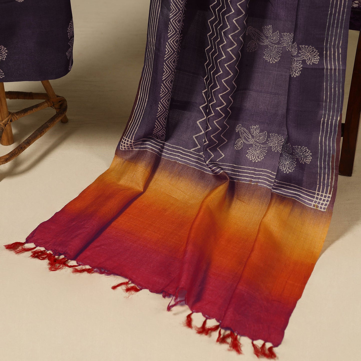 Purple 2pc Tussar Silk Handloom Block Print Dress Material