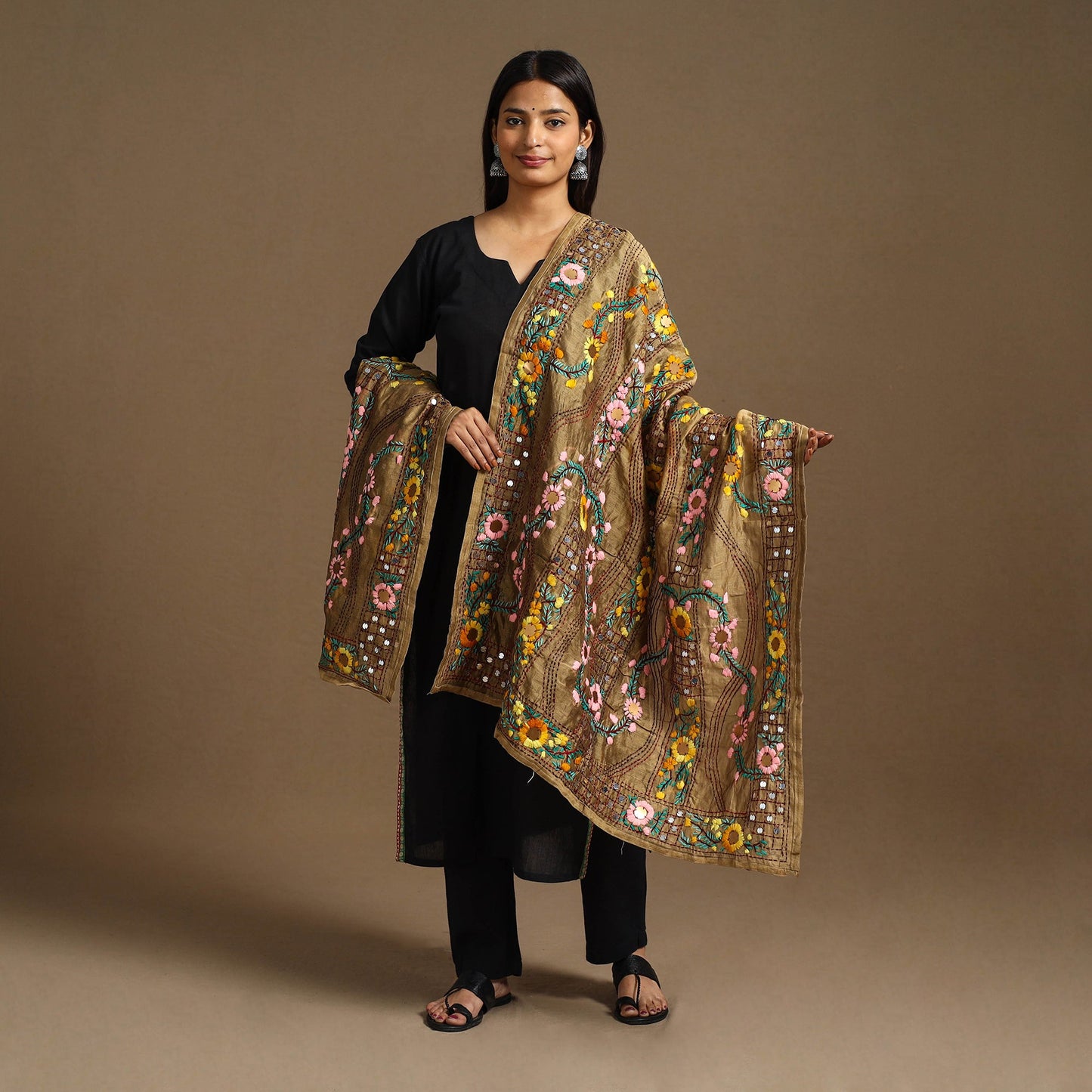  Brown Ranihati Chanderi Silk Hand Embroidery Dupatta