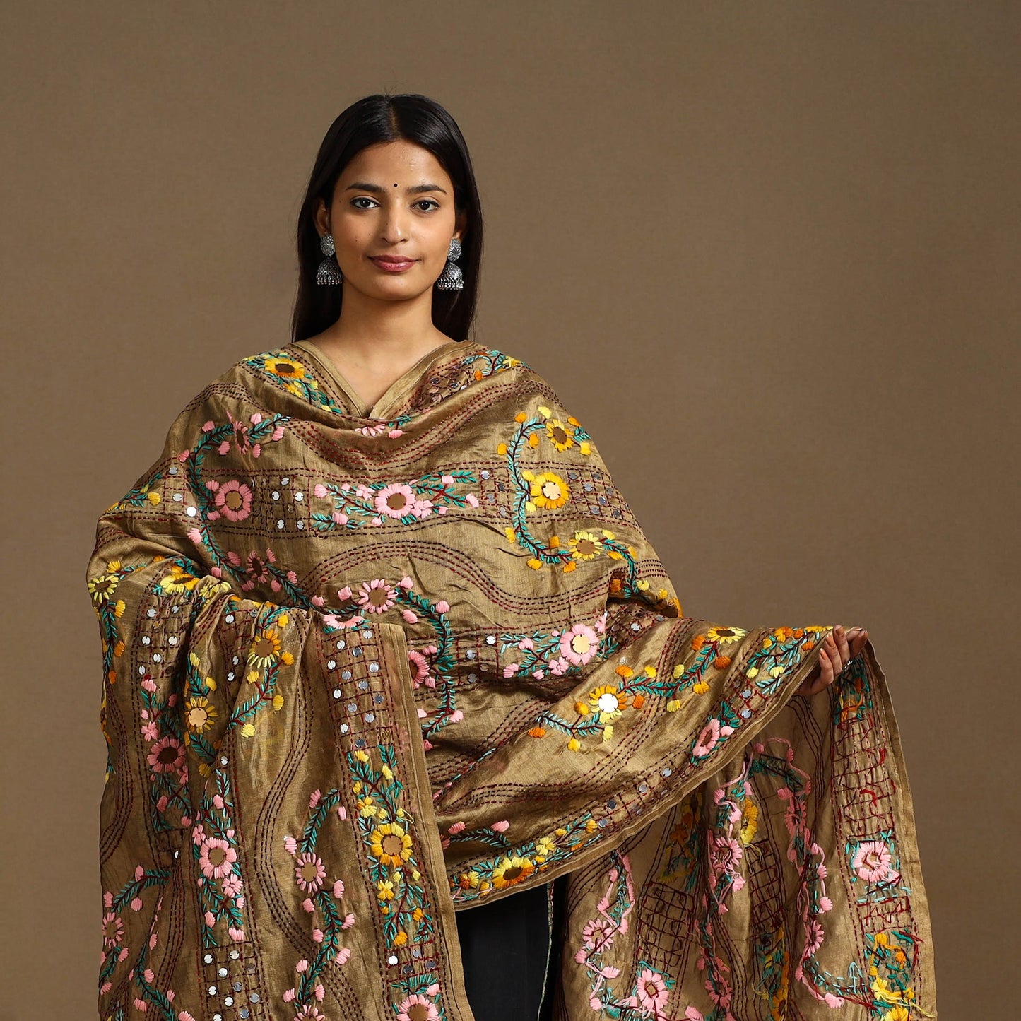  Brown Ranihati Chanderi Silk Hand Embroidery Dupatta