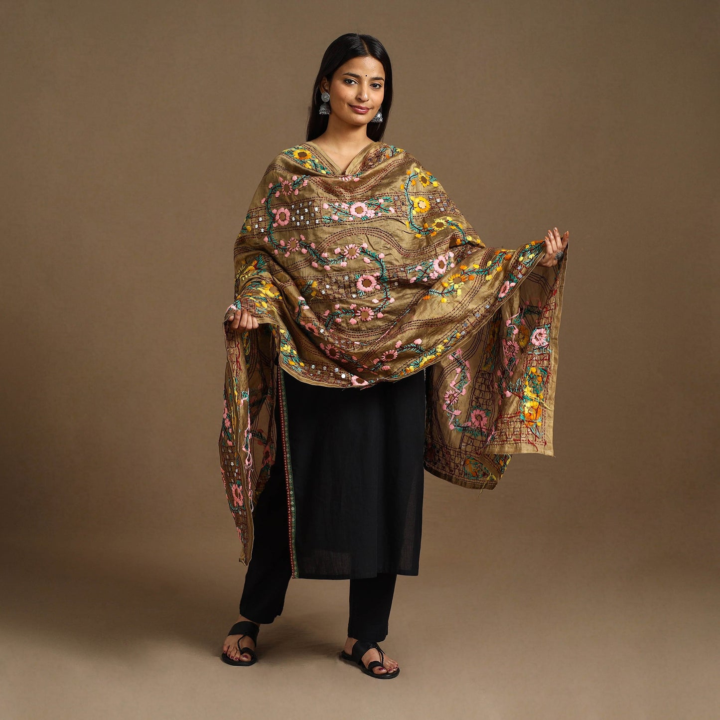  Brown Ranihati Chanderi Silk Hand Embroidery Dupatta