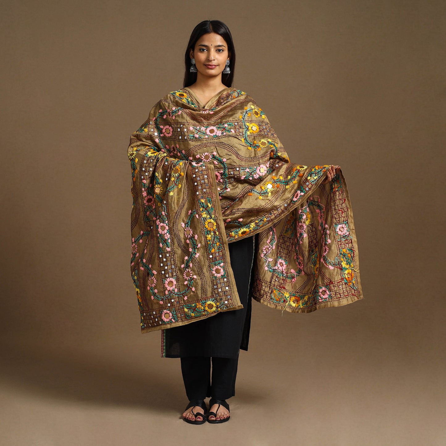  Brown Ranihati Chanderi Silk Hand Embroidery Dupatta
