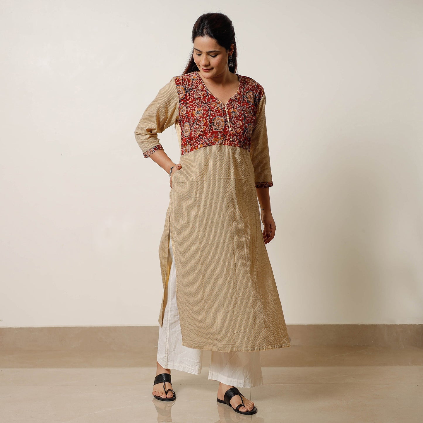 Brown - running stitch cotton straight kurta with kalamkari