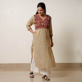 Brown - running stitch cotton straight kurta with kalamkari