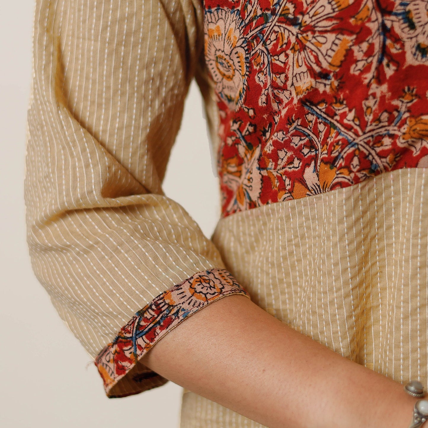 Brown - running stitch cotton straight kurta with kalamkari