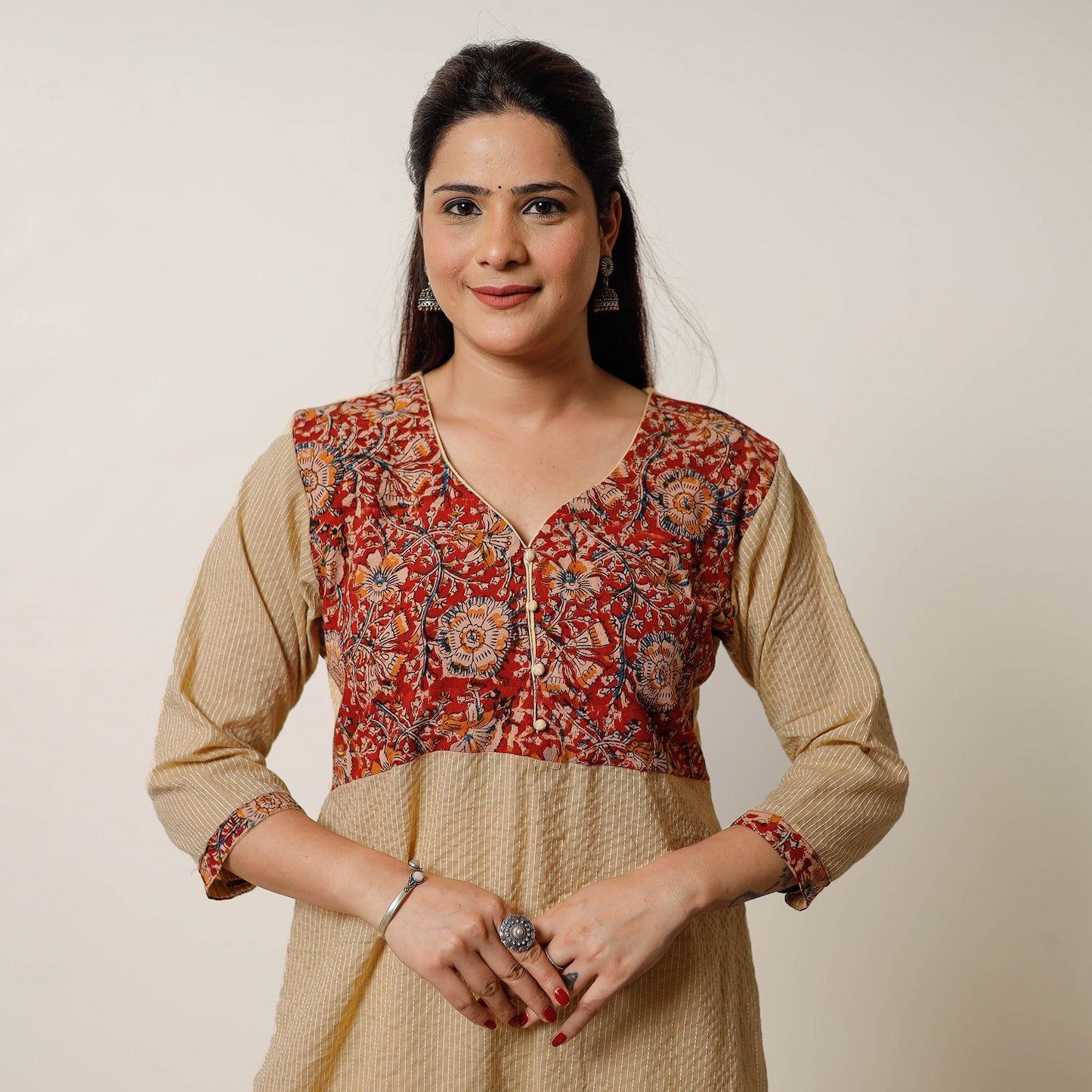 Brown - running stitch cotton straight kurta with kalamkari
