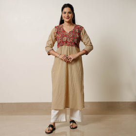 Brown - running stitch cotton straight kurta with kalamkari