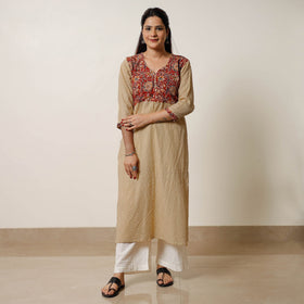 Brown - running stitch cotton straight kurta with kalamkari