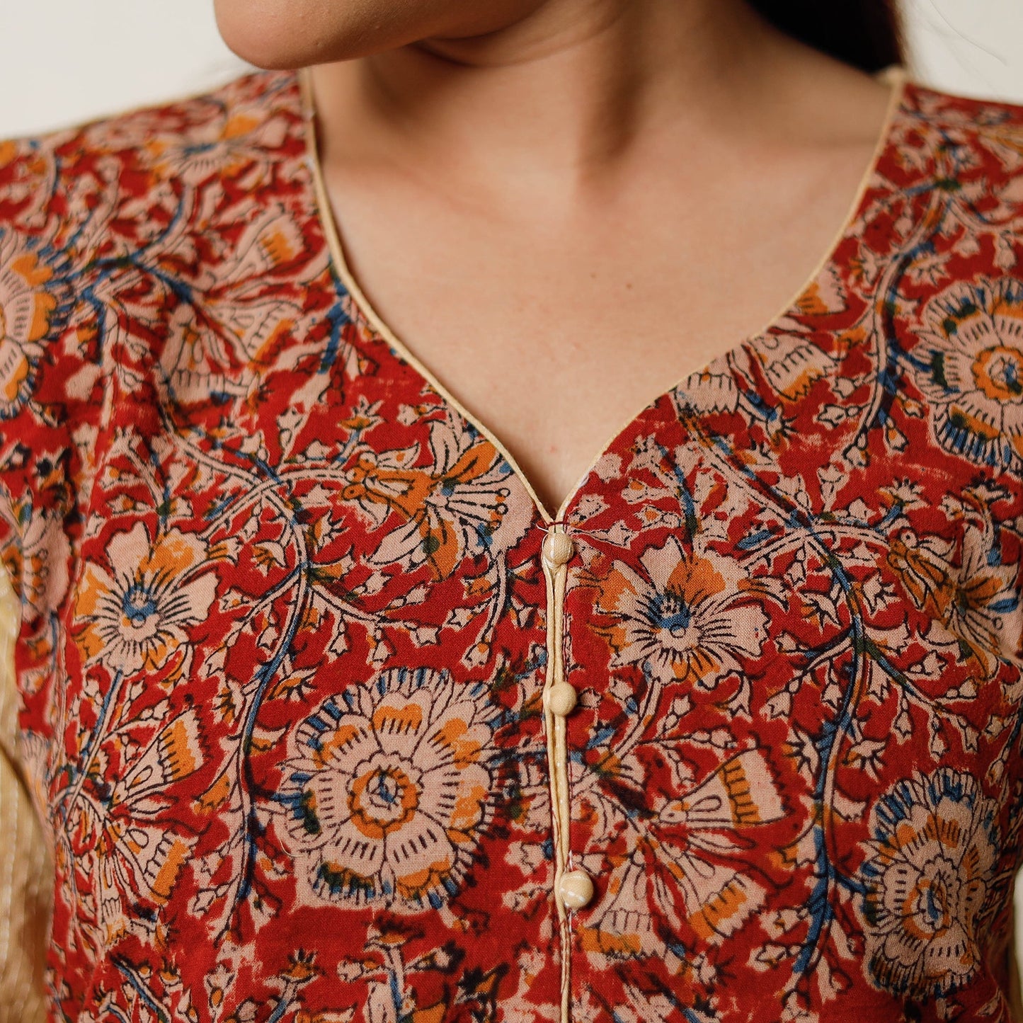 Brown - running stitch cotton straight kurta with kalamkari