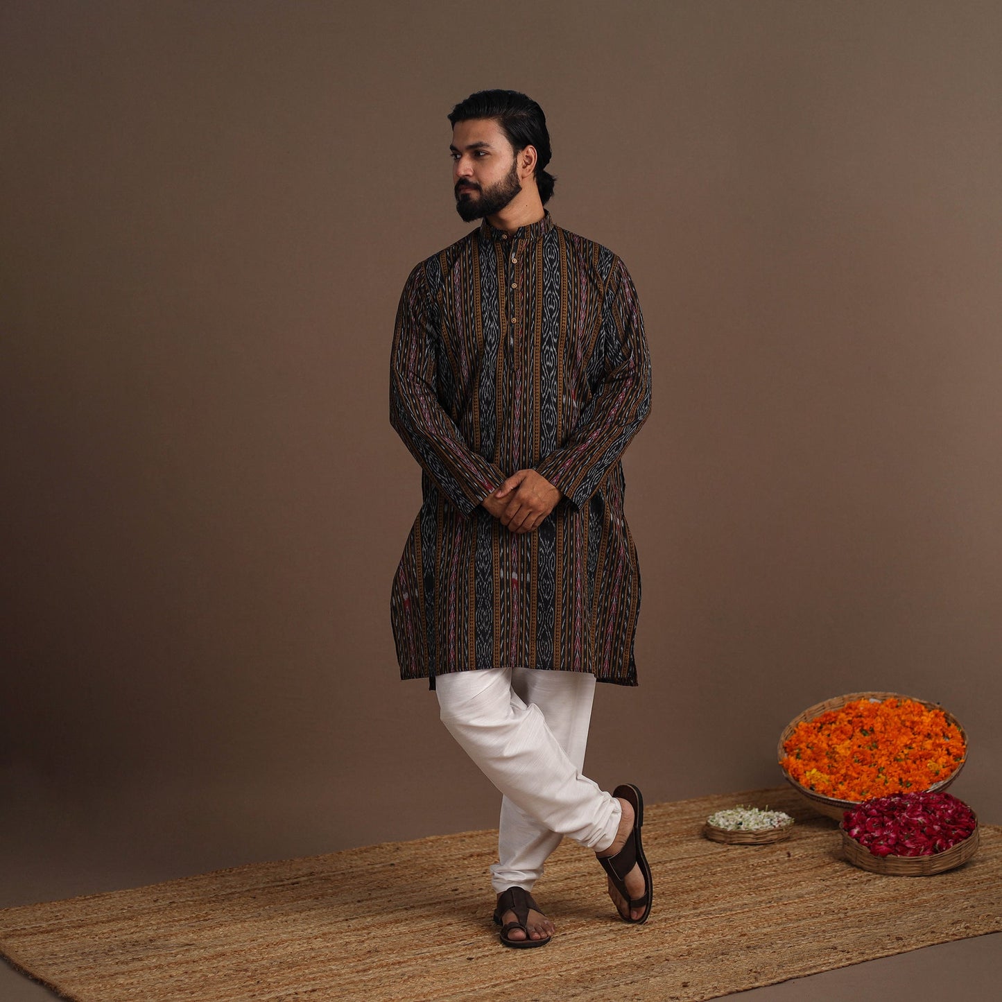Brown - sambalpuri ikat weave cotton men long kurta 03