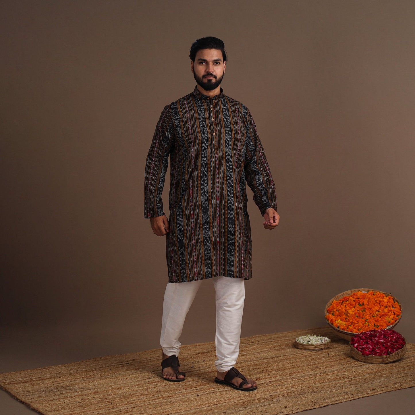 Brown - sambalpuri ikat weave cotton men long kurta 03