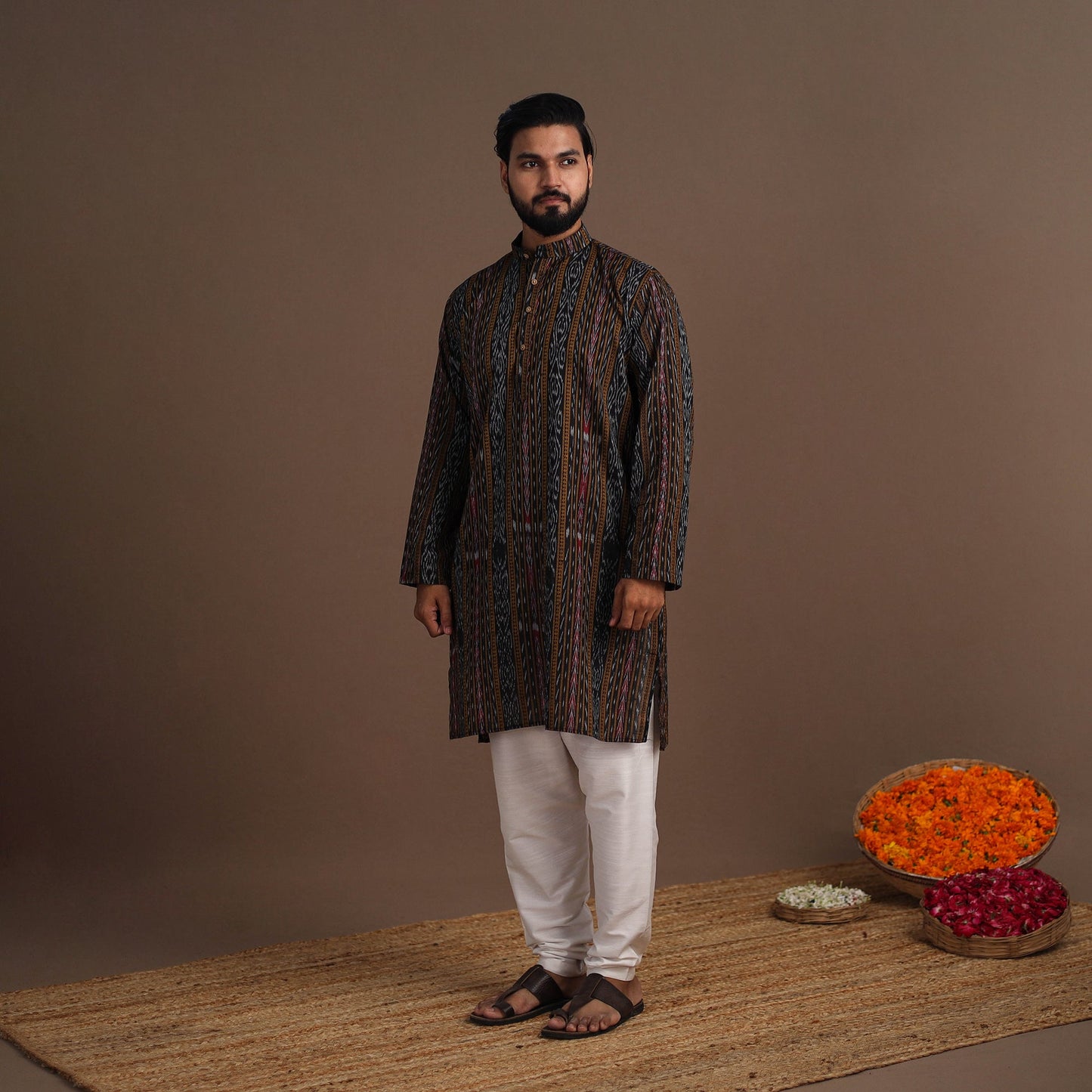 Brown - sambalpuri ikat weave cotton men long kurta 03